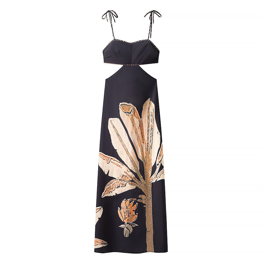 Low neck shoulder strap waist hollow suspender dress for women