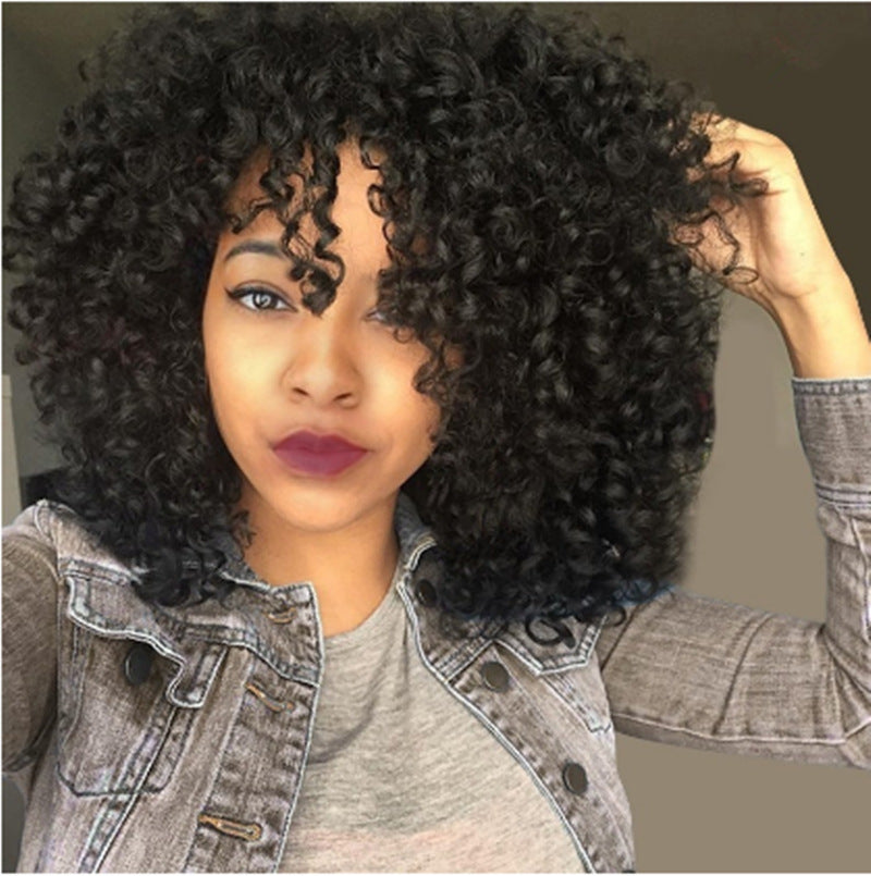 African Short Curly Hair Female Wigs, Fluffy Small Curly Bangs