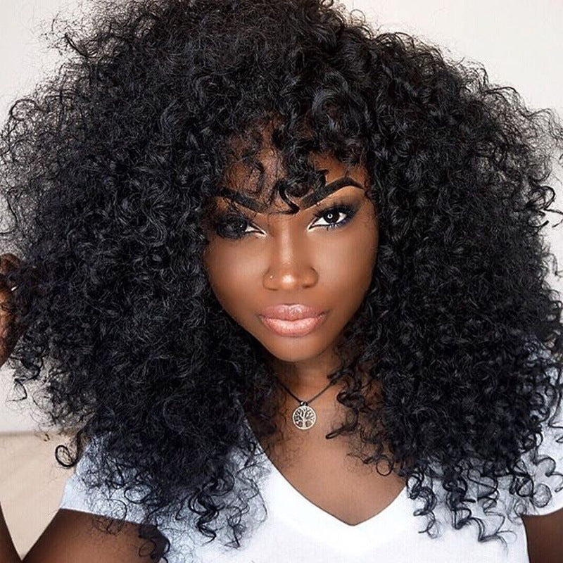 African Short Curly Hair Female Wigs, Fluffy Small Curly Bangs