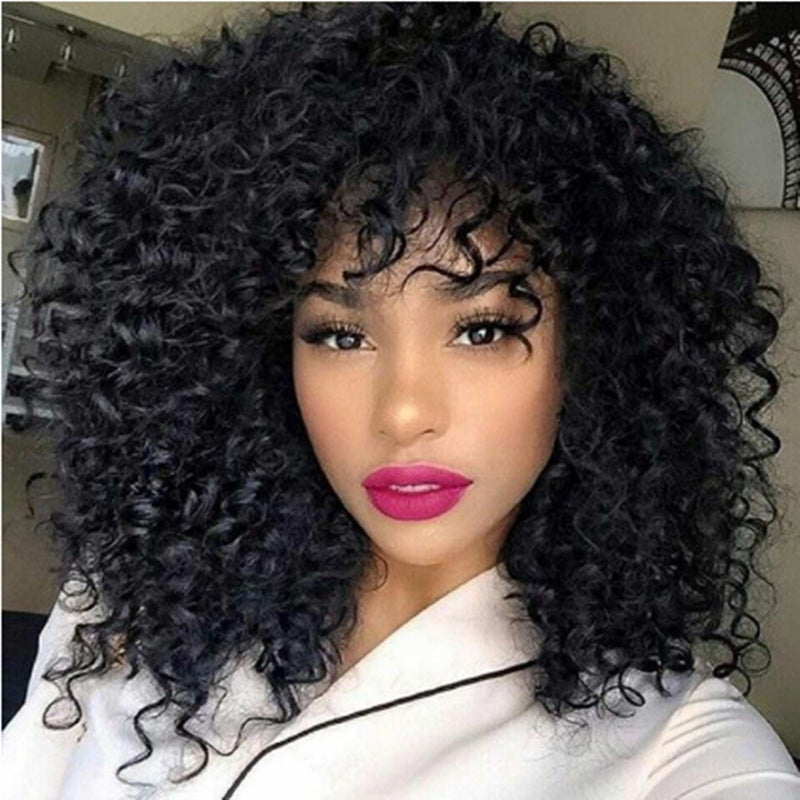 African Short Curly Hair Female Wigs, Fluffy Small Curly Bangs