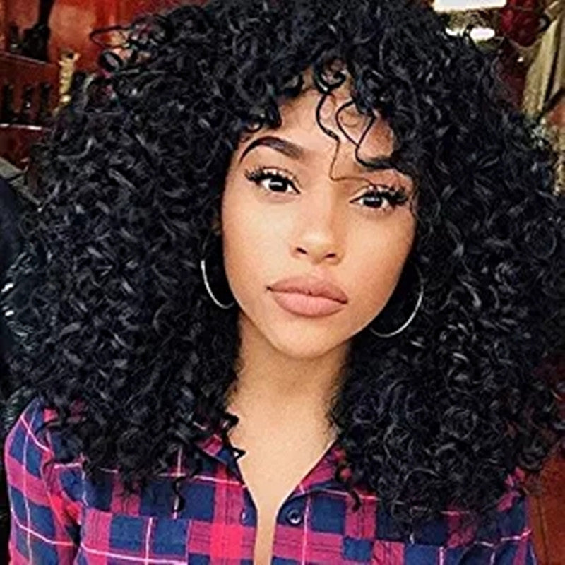 African Short Curly Hair Female Wigs, Fluffy Small Curly Bangs