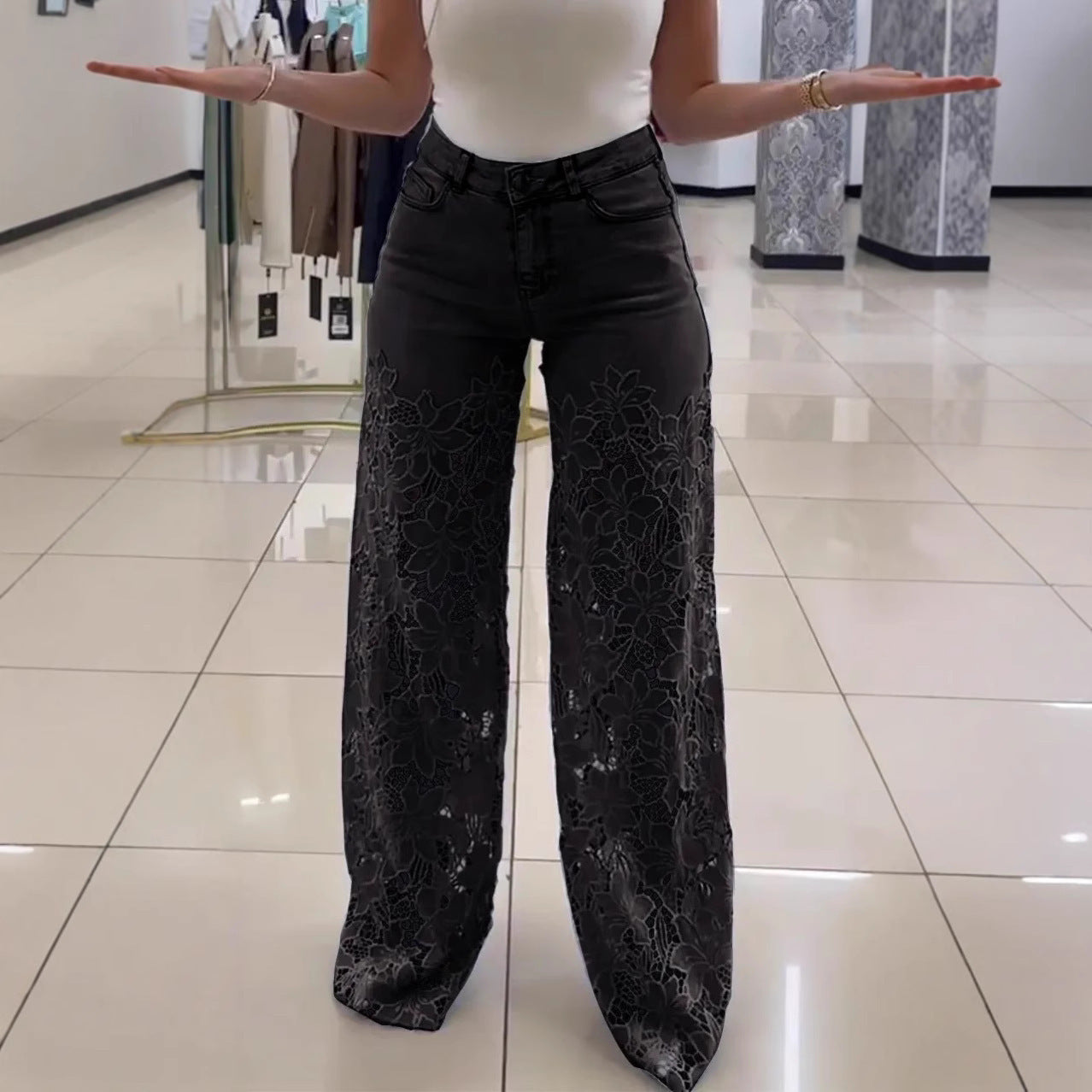 Lace Flowers Hollow Jeans Fashion High Women's Clothing