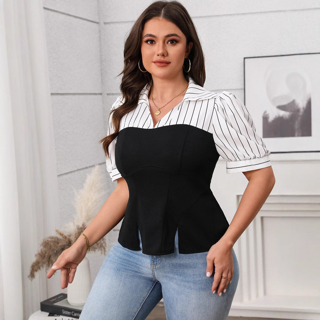 Women's Striped Patchwork Top Summer Thin