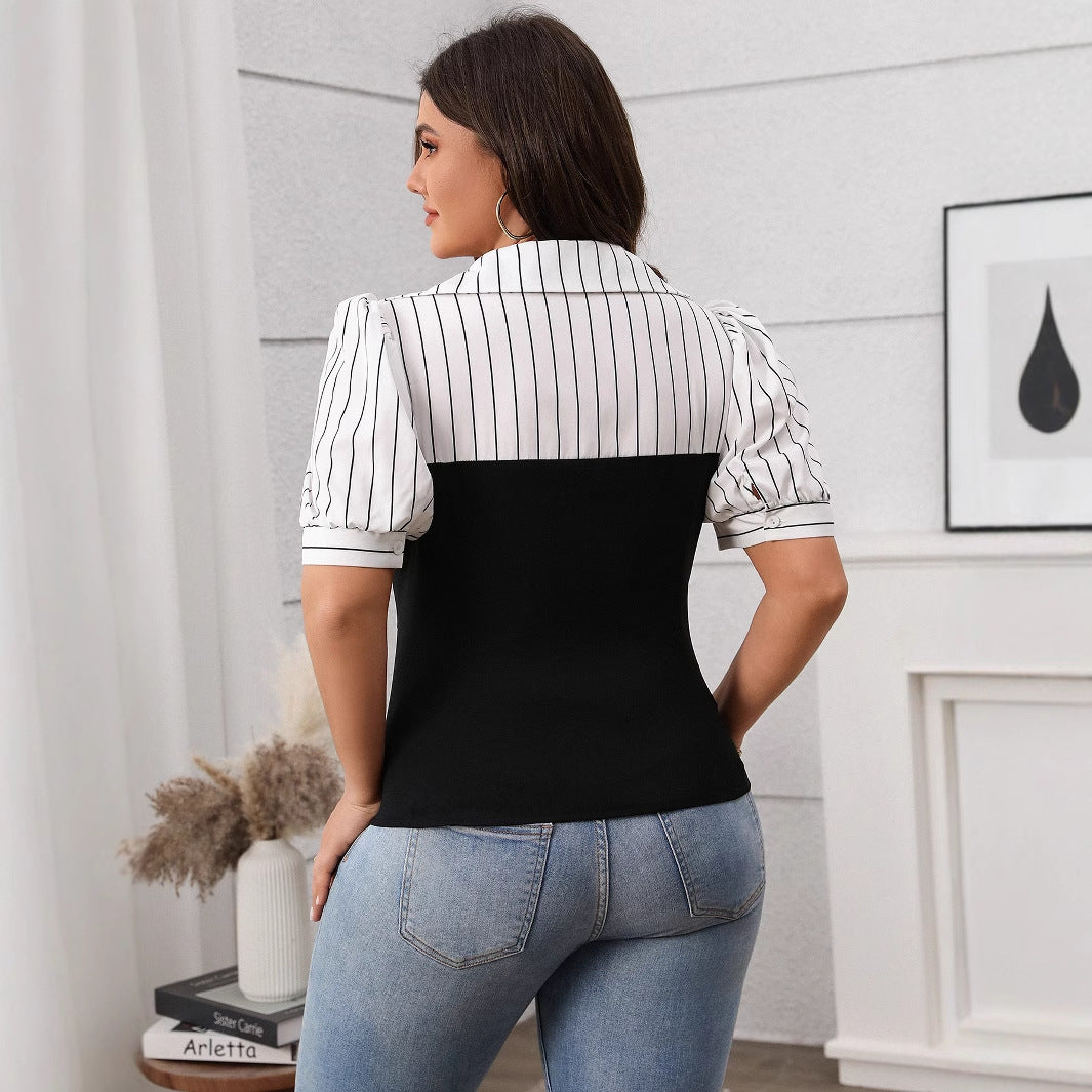 Women's Striped Patchwork Top Summer Thin