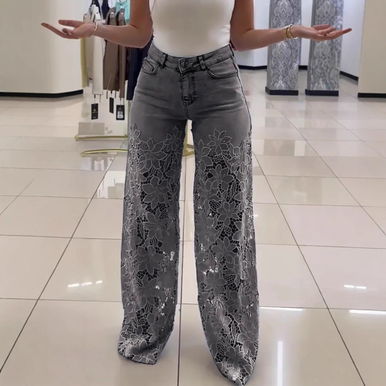 Lace Flowers Hollow Jeans Fashion High Women's Clothing