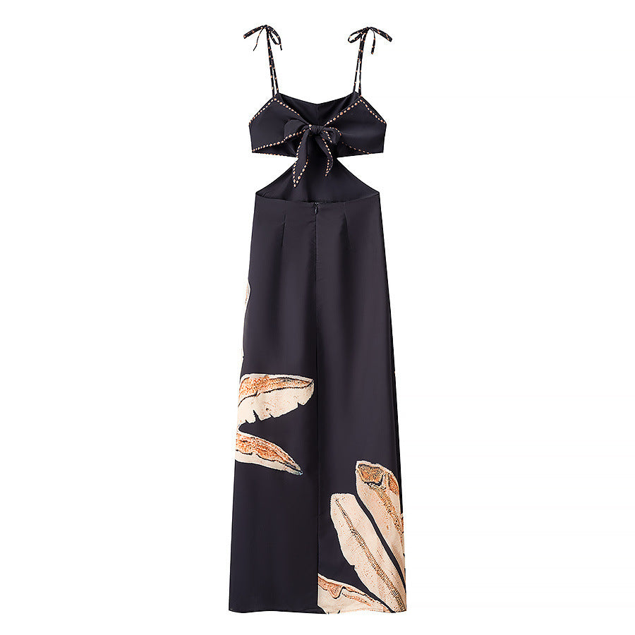 Low neck shoulder strap waist hollow suspender dress for women