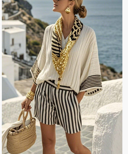 European And American Hot Digital Printing Top For Women Summer Loose Leisure Suit