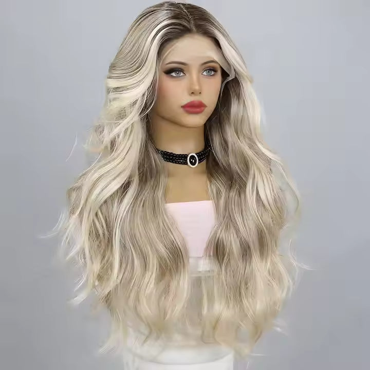 Fashion T-shaped Lace Gold Gradient Wavy Curly Hair Wigs