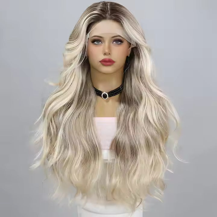 Fashion T-shaped Lace Gold Gradient Wavy Curly Hair Wigs