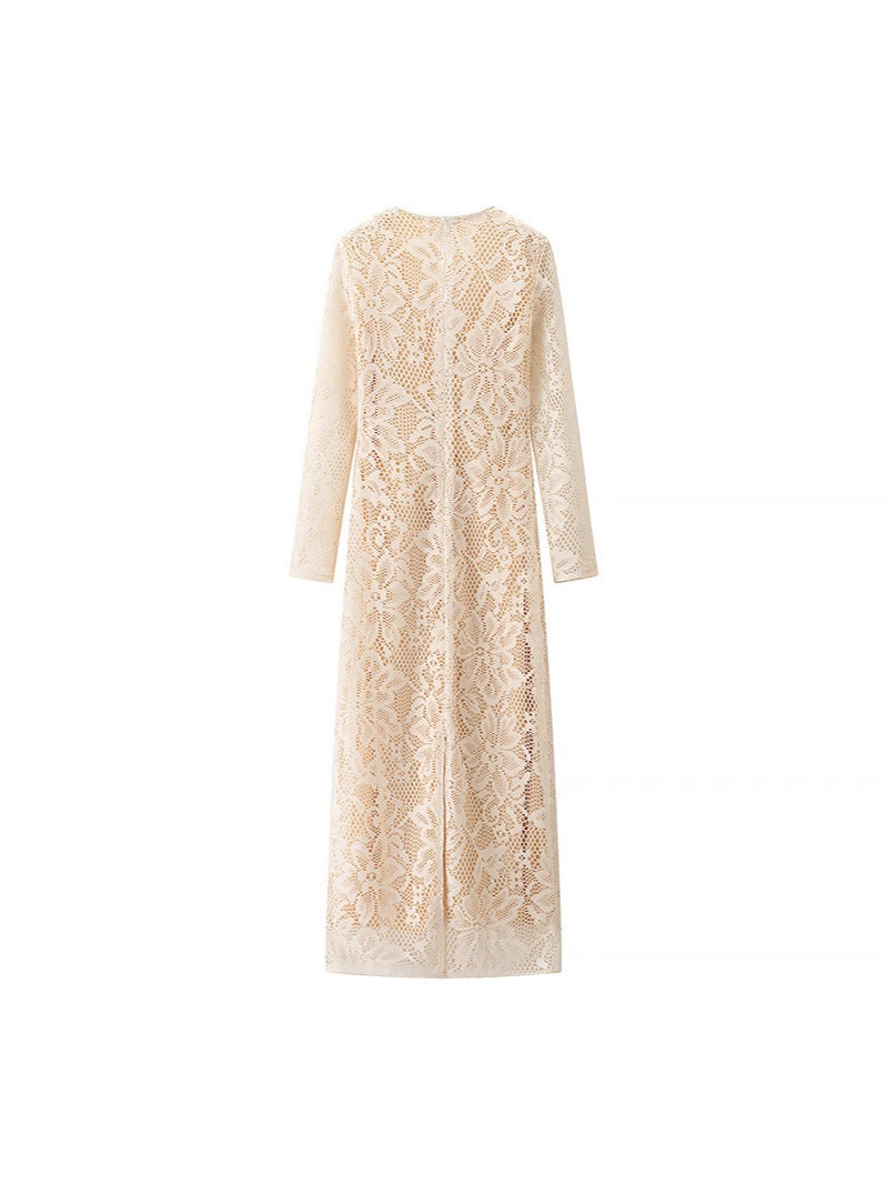 European And American Style Sexy Female Deep V Long Sleeve Mesh Lace Hollow Dress