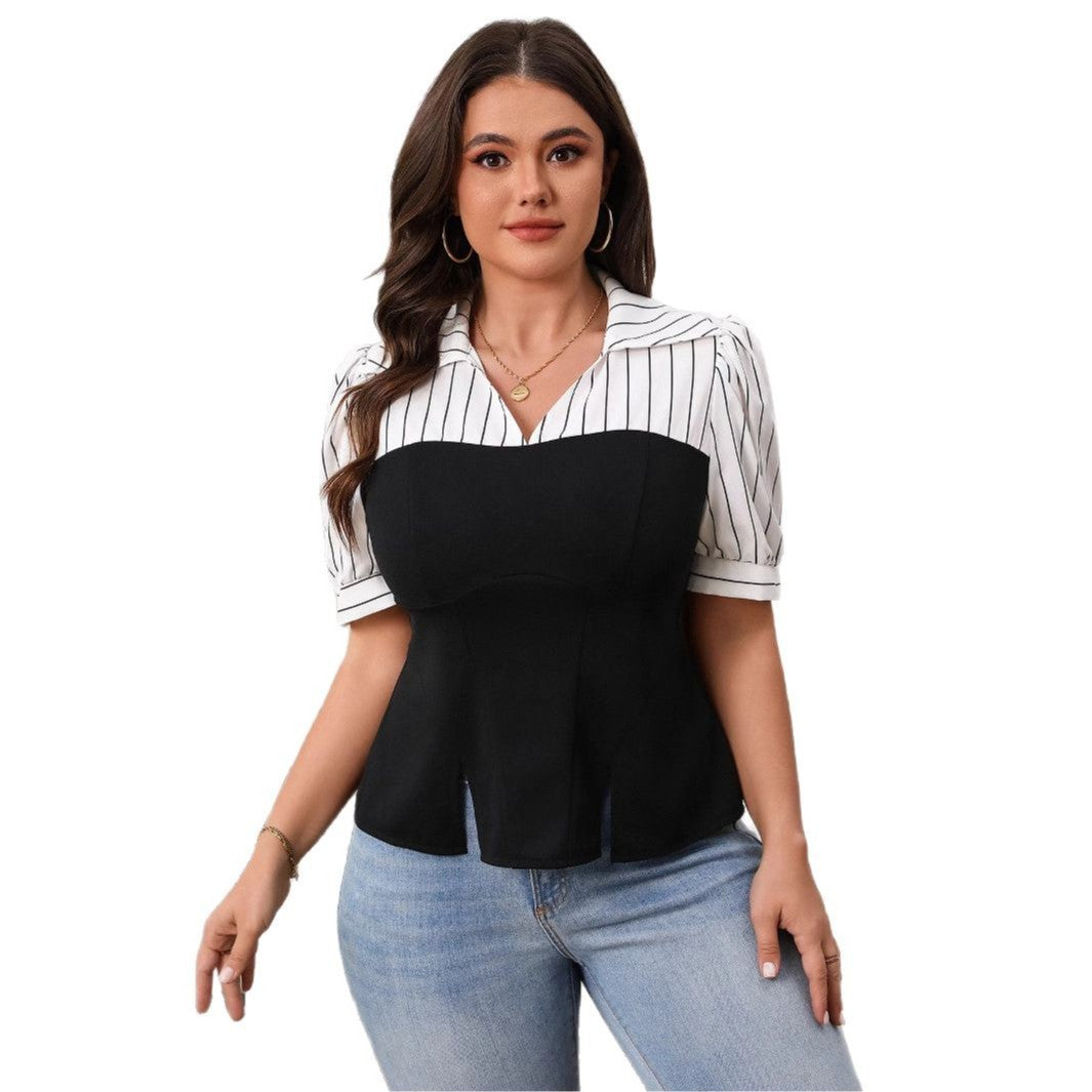 Women's Striped Patchwork Top Summer Thin