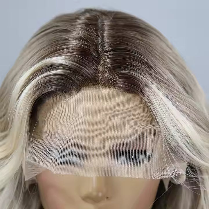 Fashion T-shaped Lace Gold Gradient Wavy Curly Hair Wigs