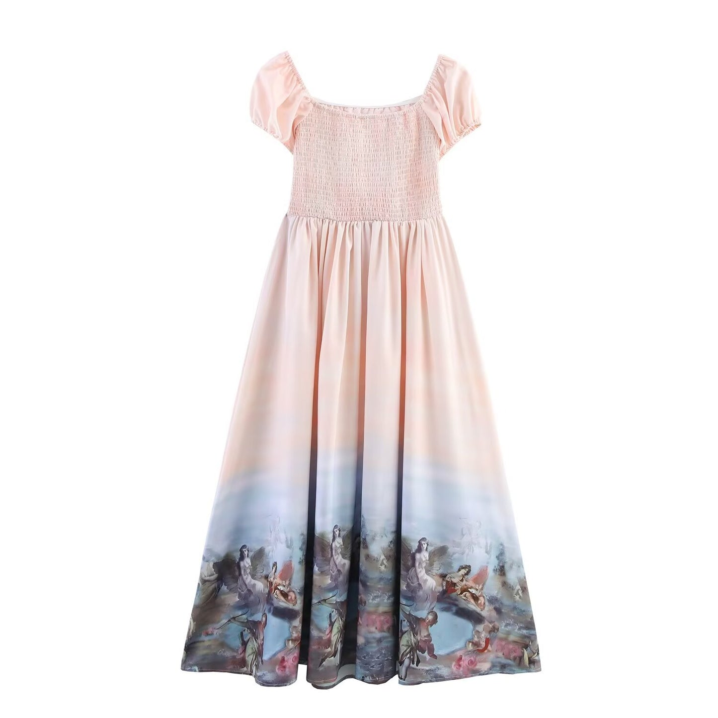 Fresh Bubble Sleeve Printed One Shoulder A-line Dress for Women