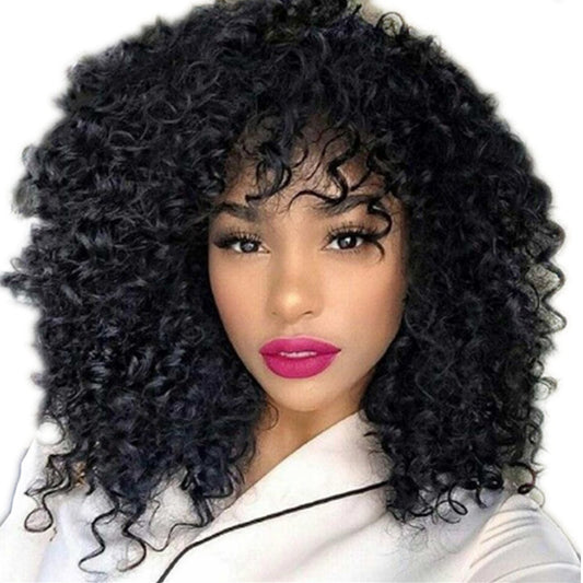 African Short Curly Hair Female Wigs, Fluffy Small Curly Bangs