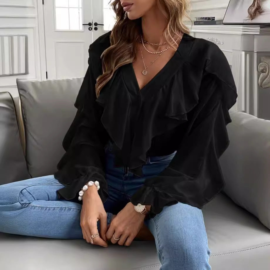 Women's SpringSummer V-neck Flounce Top