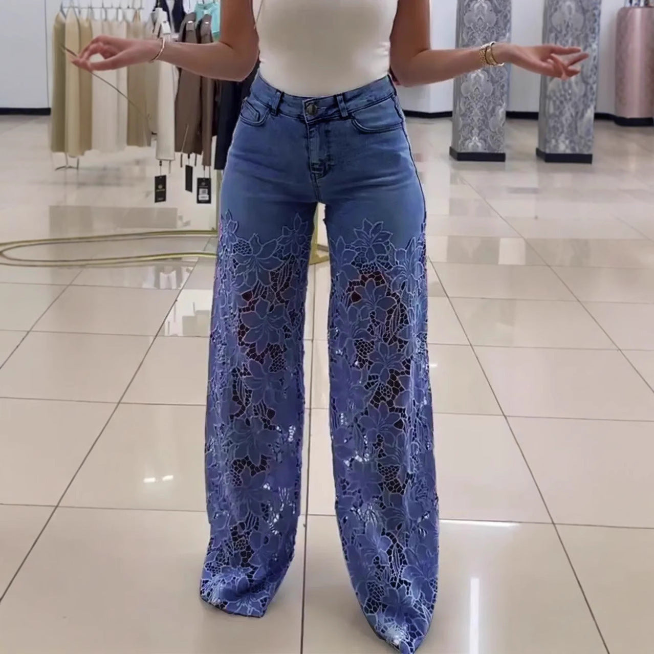 Lace Flowers Hollow Jeans Fashion High Women's Clothing