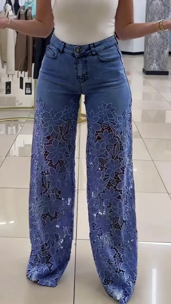 Lace Flowers Hollow Jeans Fashion High Women's Clothing