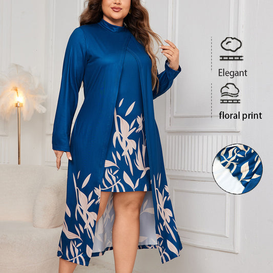 Fake Two-piece Turtleneck Long Sleeve Asymmetric Dress Women