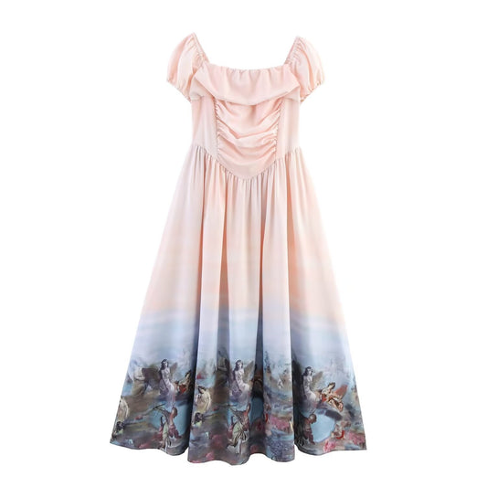 Fresh Bubble Sleeve Printed One Shoulder A-line Dress for Women