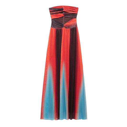 Strapless collar printed vacation style mesh dress for women