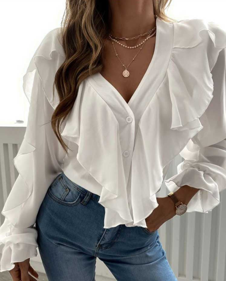 Women's SpringSummer V-neck Flounce Top