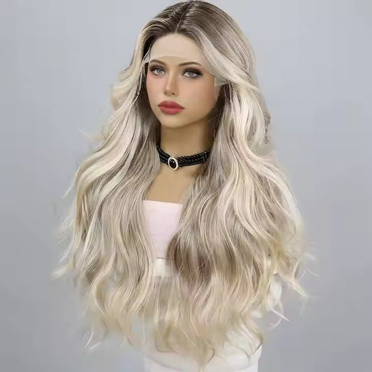 Fashion T-shaped Lace Gold Gradient Wavy Curly Hair Wigs